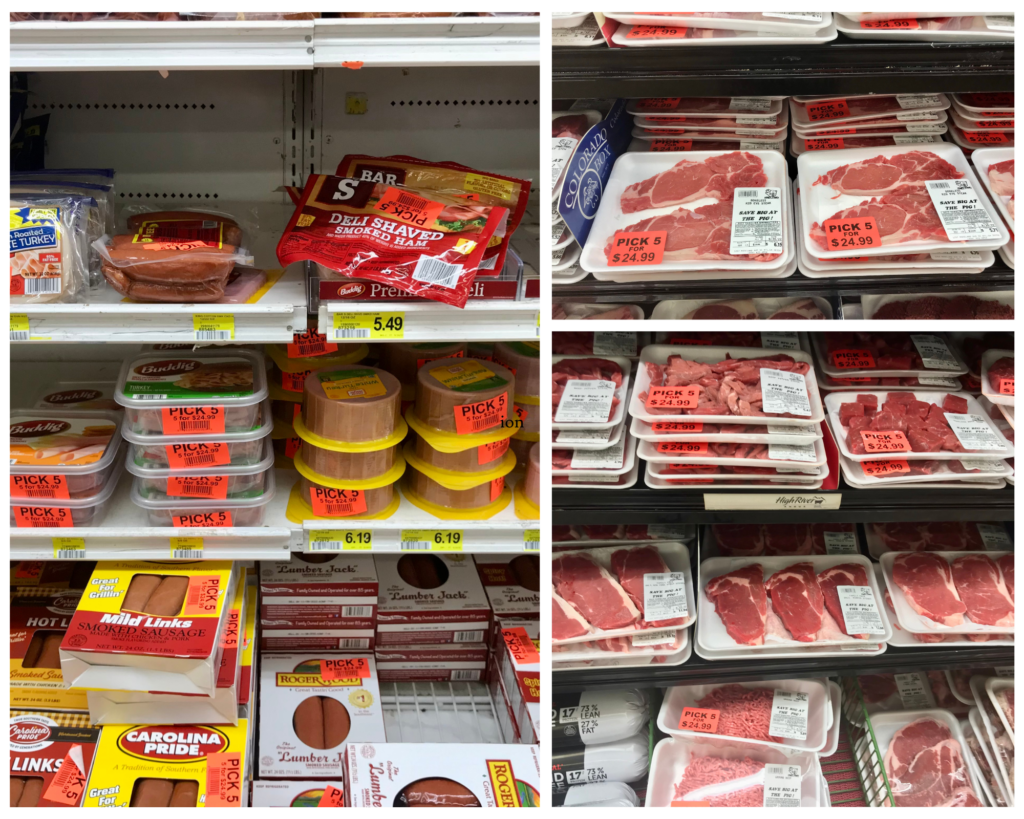 The Piggly Wiggly packages of pork chops, chicken wings and deli meats with ‘Pick 5 for $24.99’ stickers. (Credit Jill Jordan Sieder for State Affairs)
