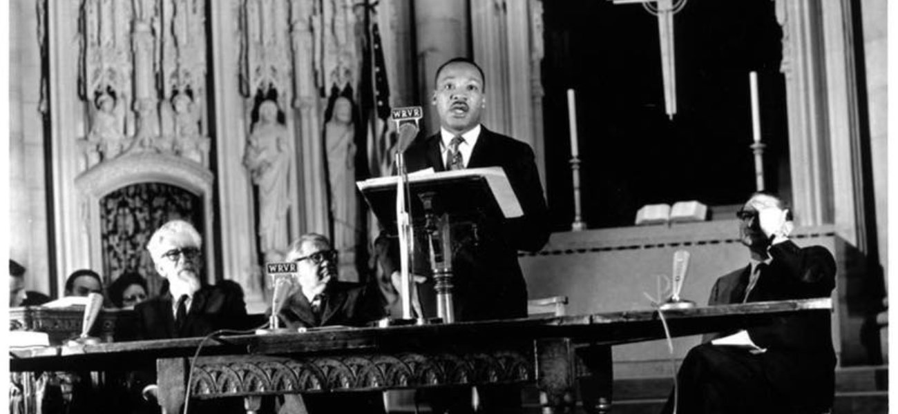 April 4, 1967 at Riverside Church in New York City. Left to right: Rabbi Abraham Joshua Heschel, historian Henry Steele Commager, Rev. Dr. Martin Luther King Jr., Dr. John Bennett (President of Union Theological Seminary in NYC). (Credit: John C. Goodwin)