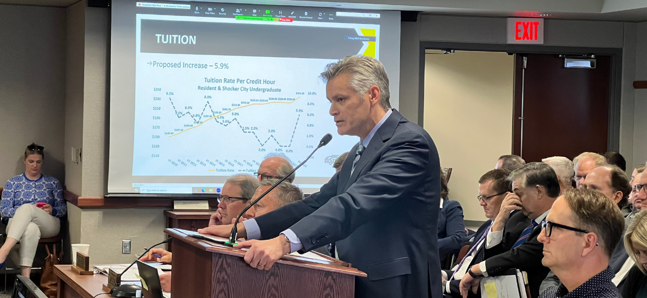 Wichita State President Richard Muma on Wednesday presents a proposed tuition increase of 5.9% during the Kansas Board of Regents meeting.