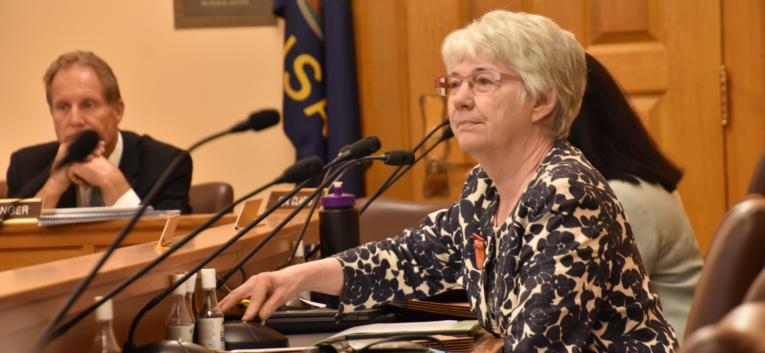 Sen. Marci Francisco, D-Lawrence, questions officials Wednesday about construction on the new Kansas Department of Health and Environment lab.