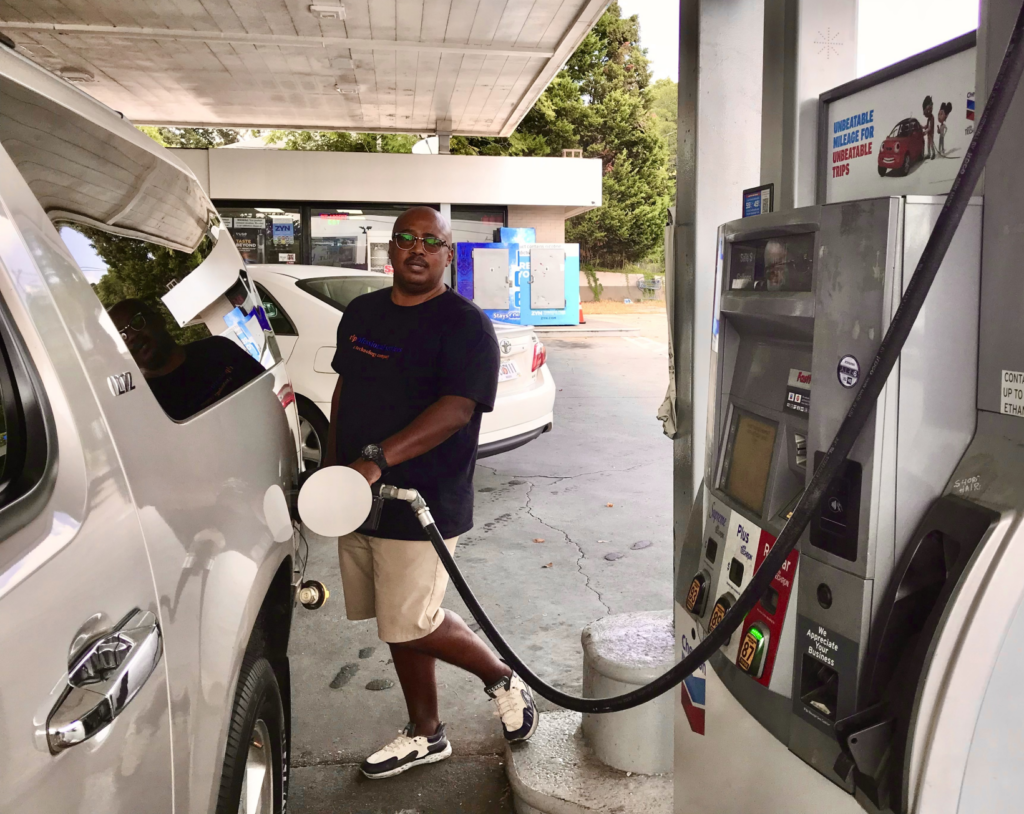 Roderick Herring, 58, of Woodstock fueled up his SUV on Tuesday. An IT specialist who travels a lot for work, he estimated he’d save about $10 a week from not paying gas taxes, which means, he said, “On Sundays I can go watch football and maybe have a little more money to buy a couple beers.”