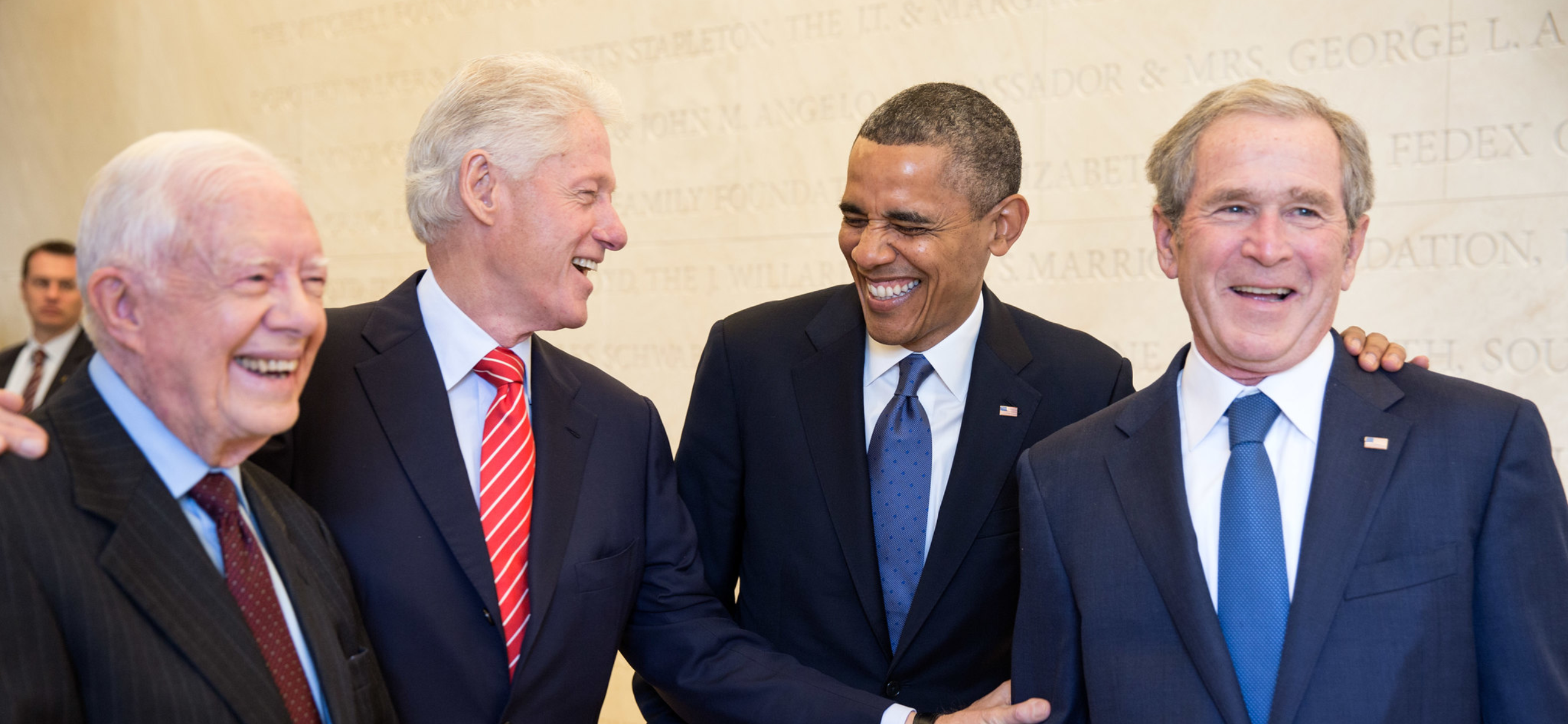 Former Presidents Jimmy Carter (left), Bill Clinton, Barack Obama and George W. Bush sharing a laugh, prior to the dedication of the George W. Bush Presidential Library and Museum on the campus of Southern Methodist University in Dallas, Texas, April 25, 2013. (Official White House Photo by Pete Souza)