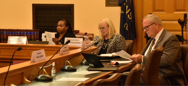 Bethell Committee members — Sen. Oletha Faust-Goudeau, Rep. Susan Concannon and Sen. Michael Fagg — listen during Wednesday's meeting.