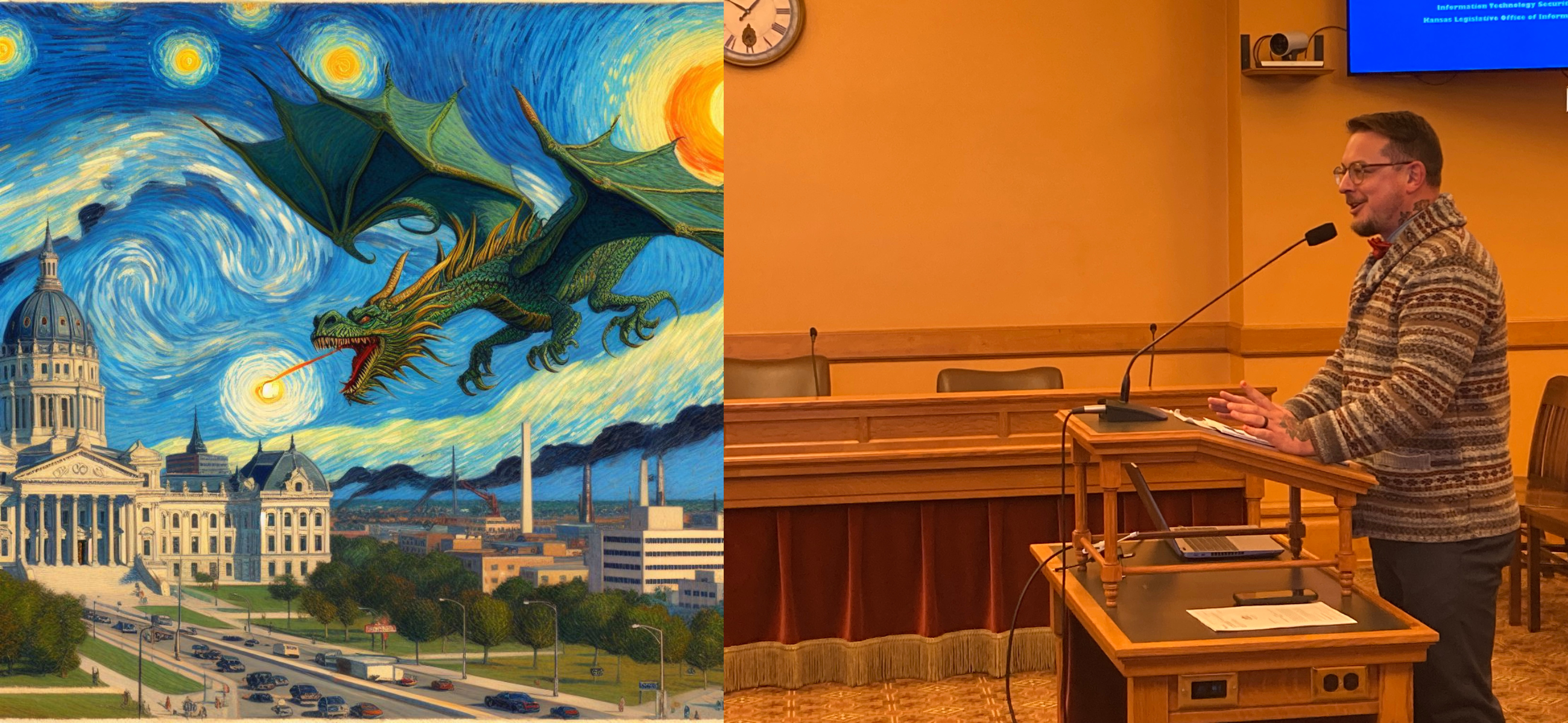 Bob Murphy, information technology security engineer for the Legislative Office of Information Services, gives lawmakers an overview of artificial intelligence during a Wednesday committee hearing. His presentation included AI-generated illustrations of a dragon at the Capitol in the style of Vincent Van Gogh. (Credit: Brett Stover & Bob Murphy)