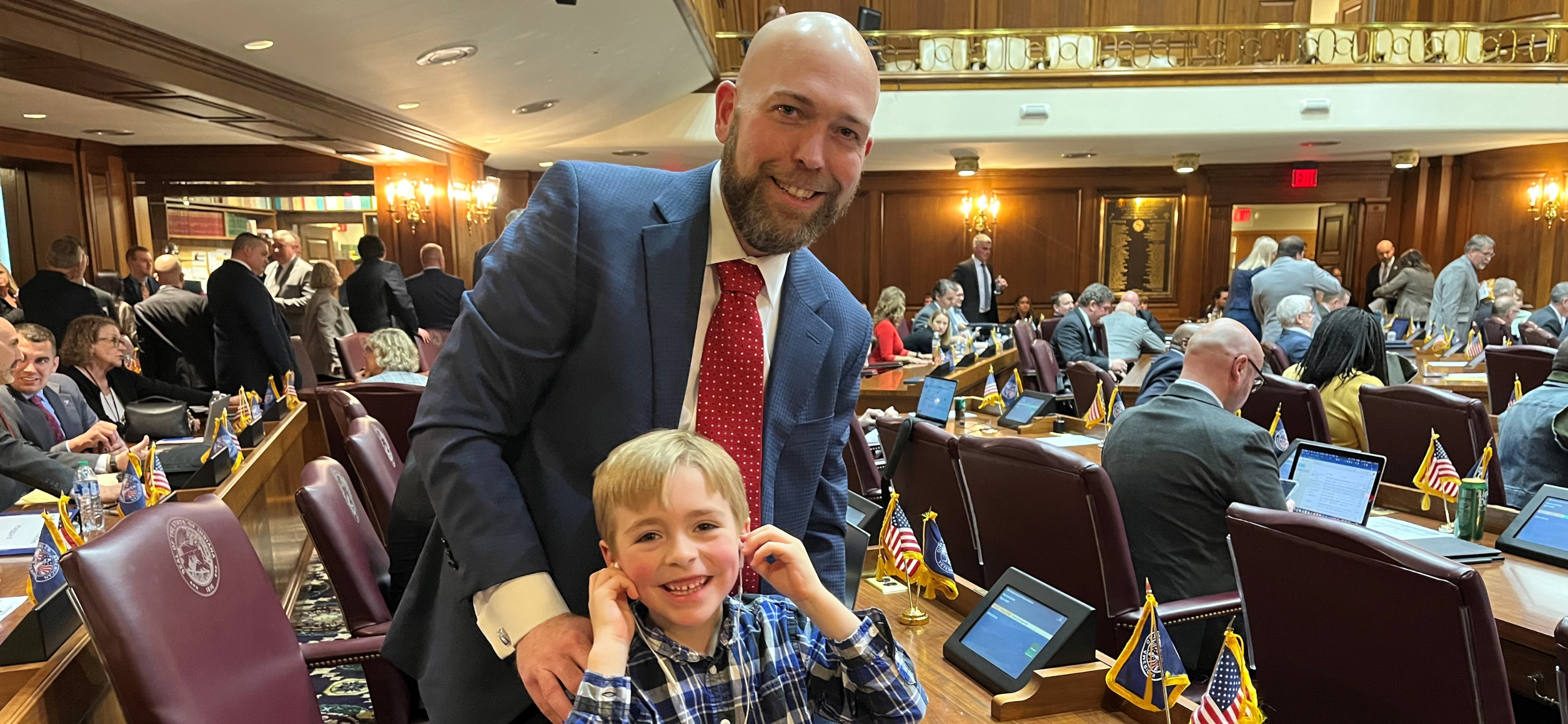 Rep. Robb Greene, R-Shelbyville, is pictured with his son, R.G., at the Indiana Statehouse. (Credit: Robb Greene)