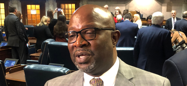 Senate Minority Leader Greg Taylor, D-Indianapolis, speaks with reporters on the Senate floor in November 2022. (Credit: Tom Davies)