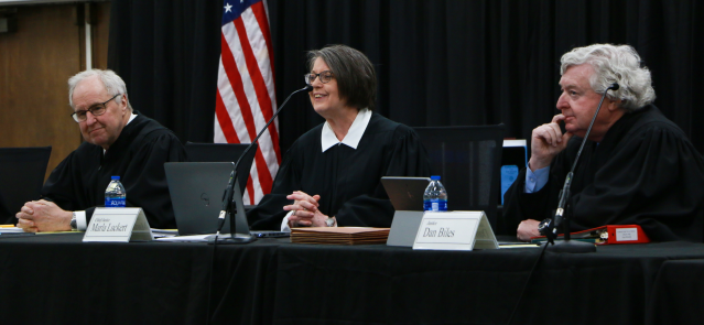 Supreme Court Justices Eric Rosen (left), Marla Luckert and Dan Biles.