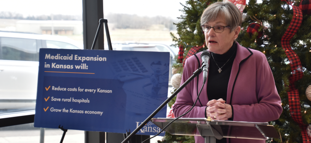 Gov. Laura Kelly announces her new Medicaid expansion bill, the Cutting Healthcare Costs for All Kansans Act, at a hospital in Holton on Dec. 14.