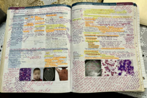 A U.S. Medical Licensing Exam prep book with notes made by Afghani doctor Farangais Saidi, who is studying for the exam.