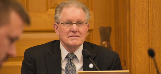 Sen. Mike Thompson listens as Sen. Caryn Tyson (not pictured) talks Jan. 18 about Senate Bills 249 and 254.