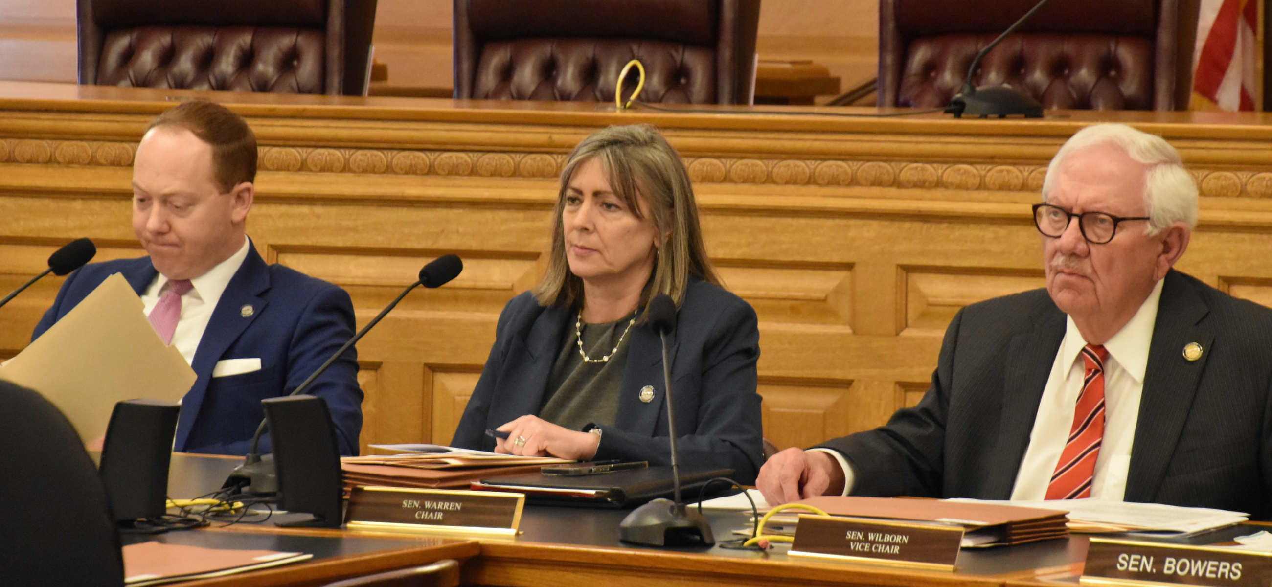 Sens. Ethan Corson, Kellie Warren and and Rick Wilborn listen to testimony during a Feb. 8 Judiciary Committee meeting.