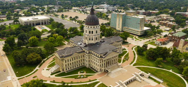 An aerial view of the Kansas Statehouse.