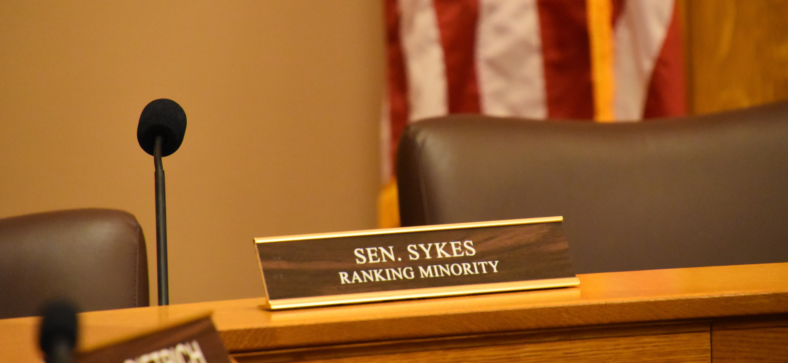 Senate Minority Leader Dinah Sykes' seat sits empty during an Education Committee meeting Feb. 14, 2024. Sykes was one of several lawmakers who visited Kansas City on Wednesday for the Chiefs' championship parade that ended in a deadly shooting.