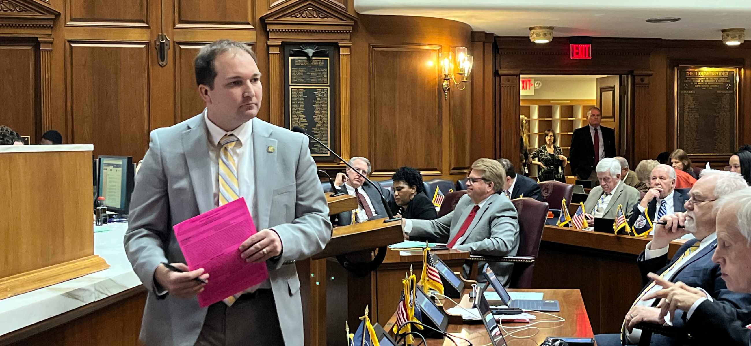 Rep. J.D. Prescott, R-Union City, walks away from the podium after speaking in favor of a bill limiting the Indiana public access counselor's review authority on Wednesday, March 6, 2024. (Credit: Tom Davies)