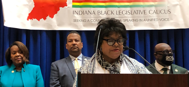 State Sen. Jean Breaux, D-Indianapolis, speaks during an Indiana Black Legislative Caucus news conference in January 2022. (Credit: Tom Davies)