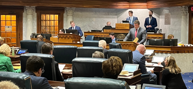 Sen. Chris Garten, R-Charlestown, speaks in support of a bill limiting the governor's emergency declaration authority on Thursday, March 7, 2024