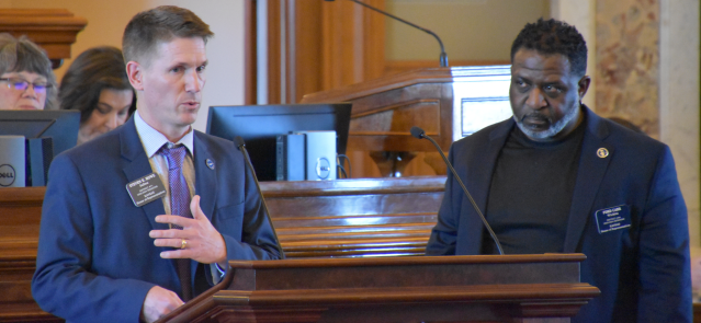 Rep. Steven Howe, left, answers a question from Rep. Ford Carr on March 20, 2024.