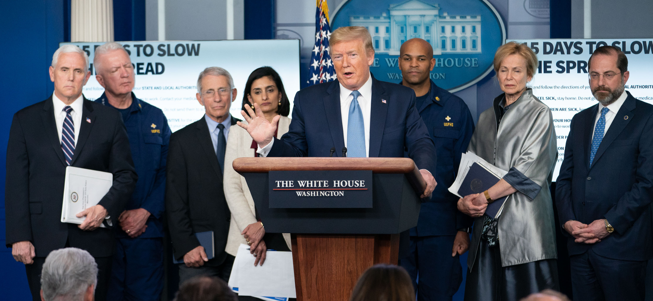 President Donald J. Trump, joined by Vice President Mike Pence and members of the White House Coronavirus Task Force, delivers remarks at a coronavirus update briefing Monday, March 16, 2020, in the James S. Brady Press Briefing Room of the White House. (Official White House Photo by D. Myles Cullen)