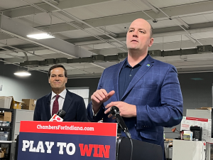 Fishers Mayor Scott Fadness, right, speaks alongside Brad Chambers during a Chambers campaign news conference on March 18, 2024. (Credit; Tom Davies)