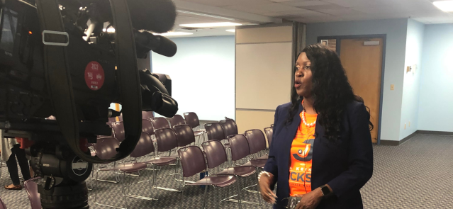 Indianapolis City-County Councilor La Keisha Jackson speaks after winning a Democratic caucus to replace the late state Sen. Jean Breaux on Thursday, April 19, 2024. (Credit: Indiana Democratic Party)
