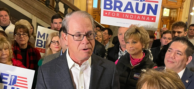 U.S. Sen. Mike Braun speaks to the crowd after he filed petitions to be on the primary ballot for governor. (Credit: Tom Davies)
