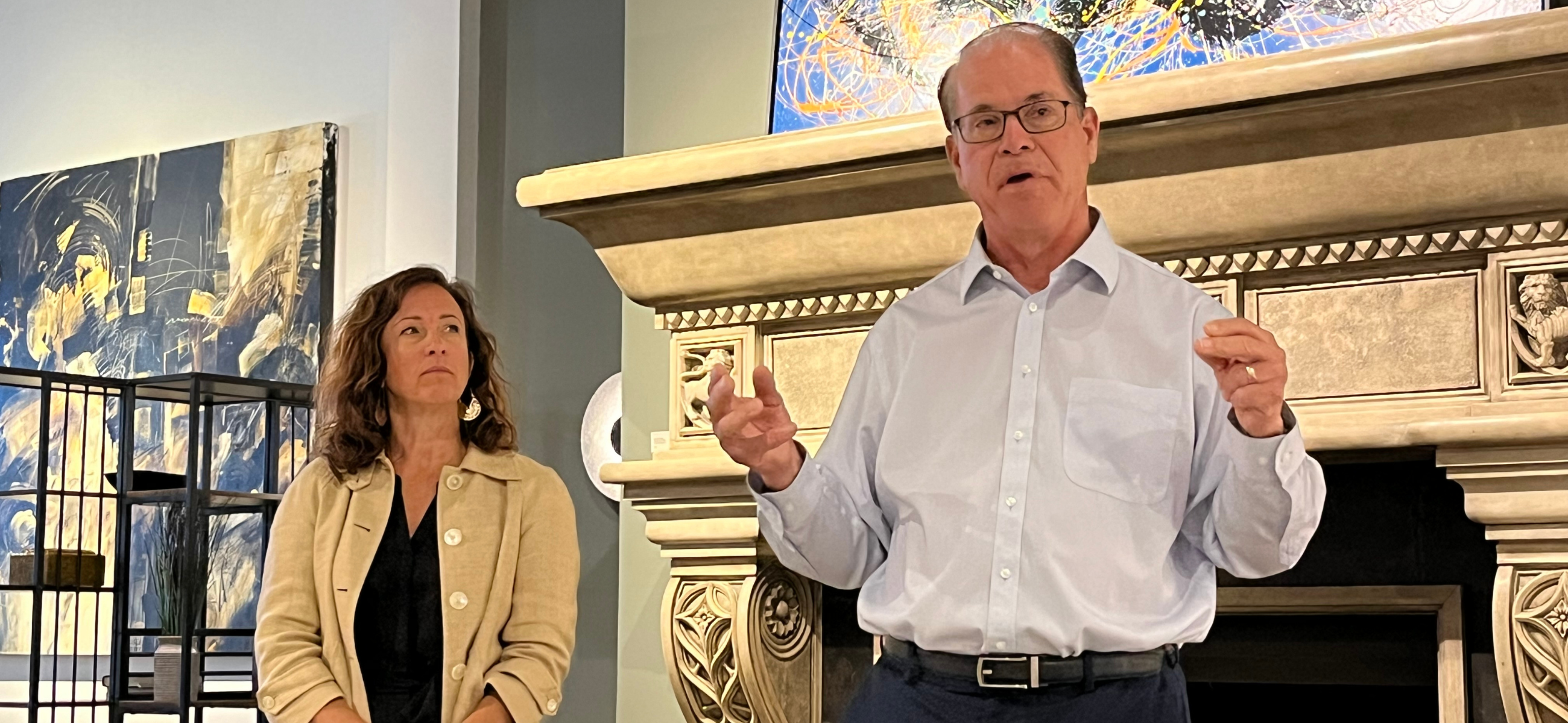 Republican gubernatorial candidate Mike Braun speaks alongside state Rep. Julie McGuire during a campaign event in Carmel on Tuesday, June 11, 2024. (Credit: Tom Davies)