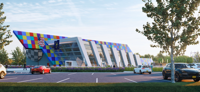 An artist’s rendering of the auto racing-themed Clear Creek Welcome Center being built along I-70 near Terre Haute. (Credit: Indiana Department of Transportation.)