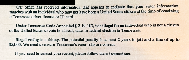 Secretary of State denies letters carried threat of removal from voter rolls