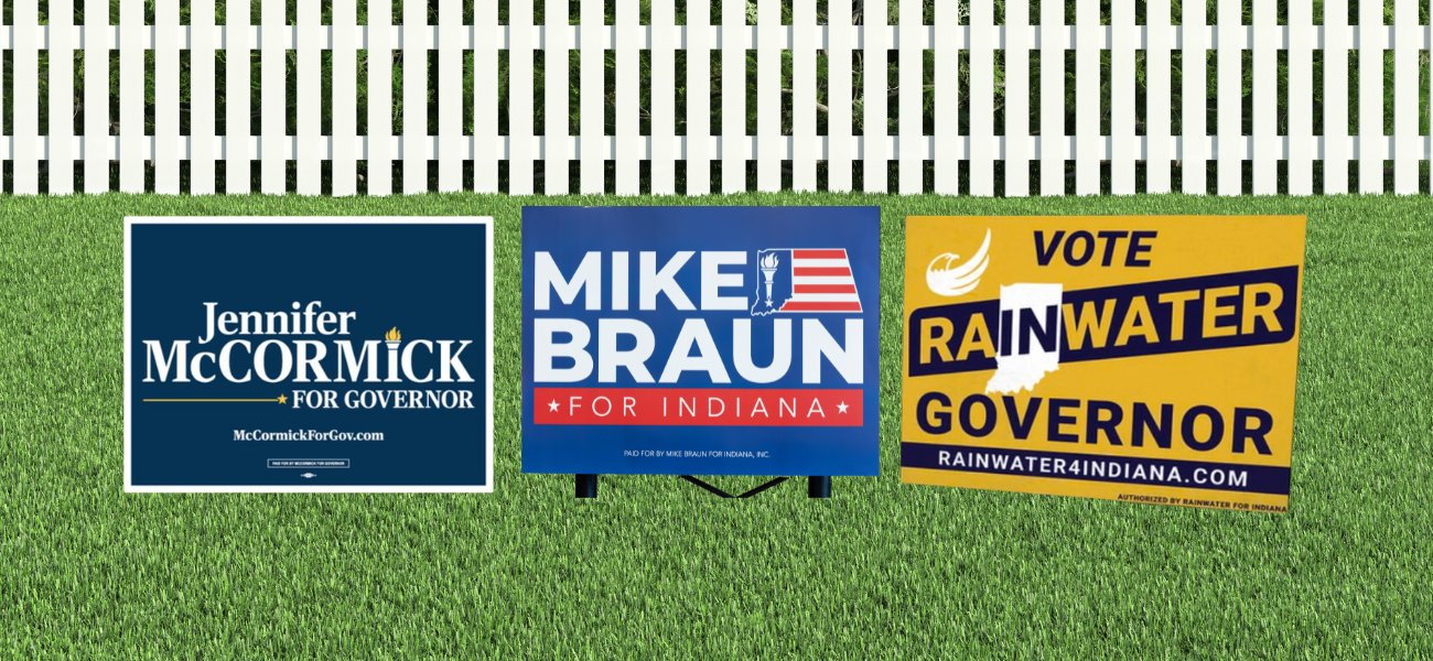 Yard signs of the gubernatorial candidates. (Credit: Mark Curry; Donald Rainwater's campaign website)