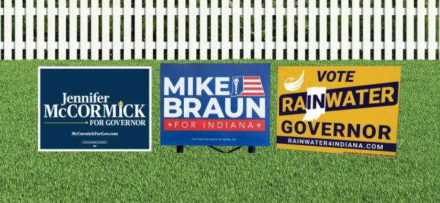 Yard signs of the gubernatorial candidates. (Credit: Mark Curry; Donald Rainwater's campaign website)