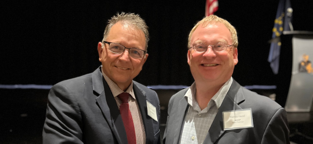 Dubois County Councilman Daryl Schmitt, left, shakes hands with Indiana Republican Chair Randy Head after winning the Senate District 48 caucus Sept. 4, 2024. (Credit: Indiana Republican Party)