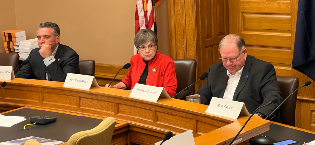 Senate President Ty Masterson, Gov. Laura Kelly and House Speaker Dan Hawkins attend a State Finance Council meeting on July 9, 2024.