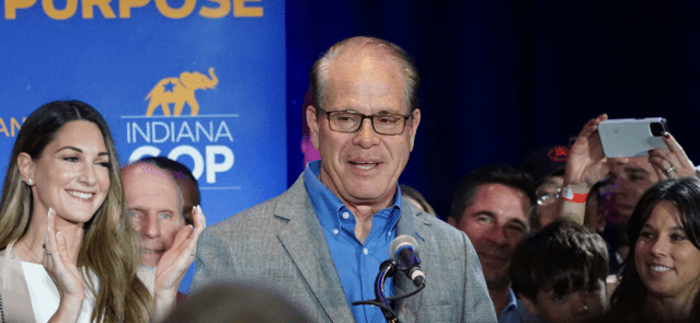 Mike Braun addresses supporters on election night. (Credit: Rory Appleton)