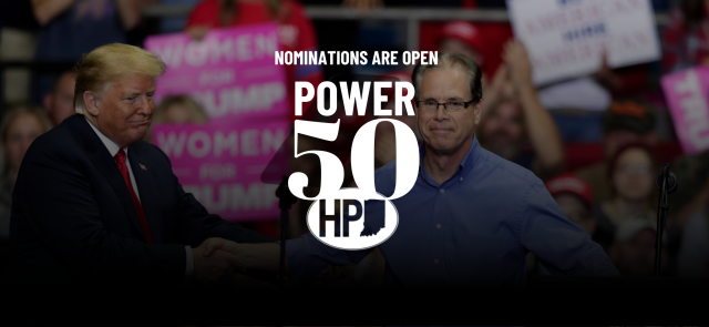 HPI Power 50 logo superimposed over a photo of then-President Donald Trump greeting Senate candidate Mike Braun at a campaign rally at the Allen County War Memorial Coliseum in Fort Wayne in 2018.